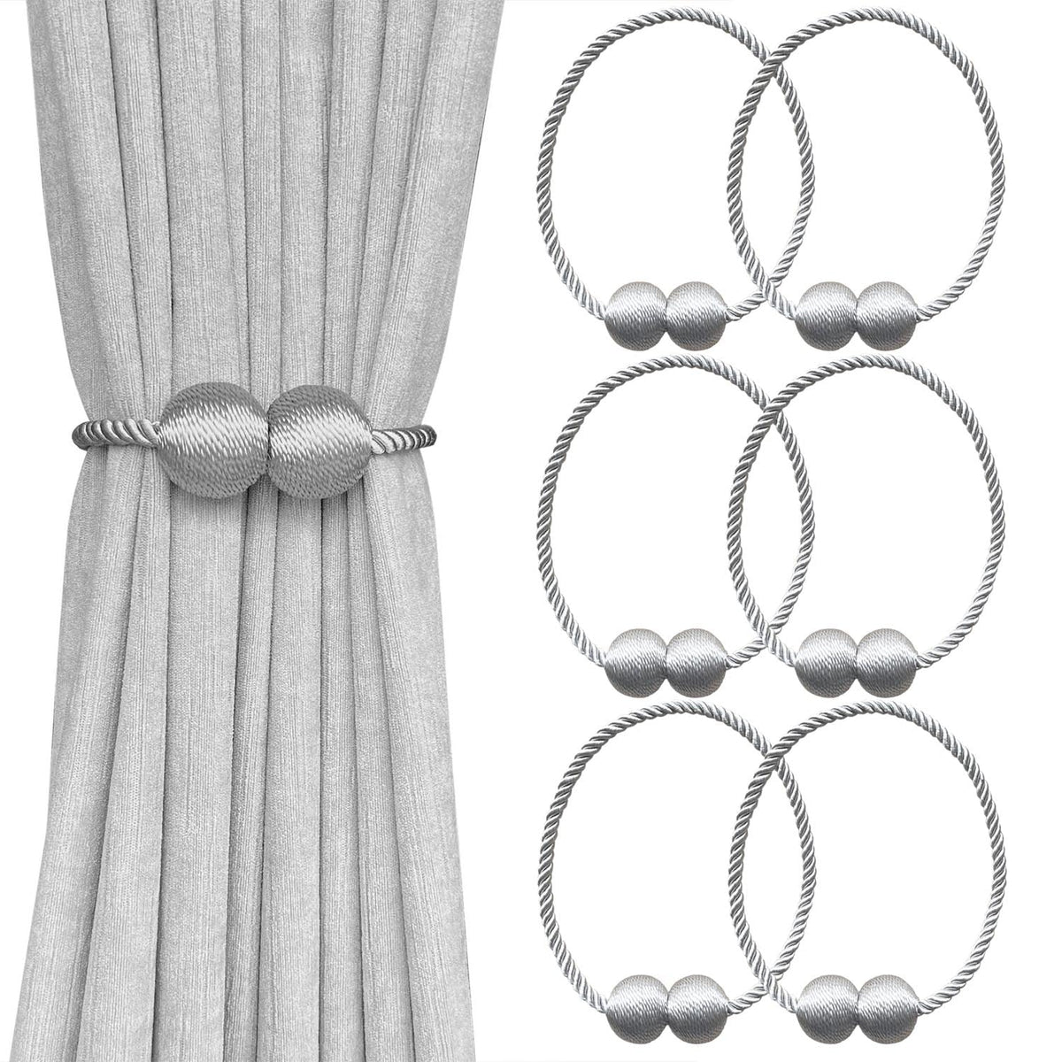 MELALUXE 6 Pack Magnetic Curtain Tiebacks, Decorative Curtain Holdbacks for Window Décor (Grey)