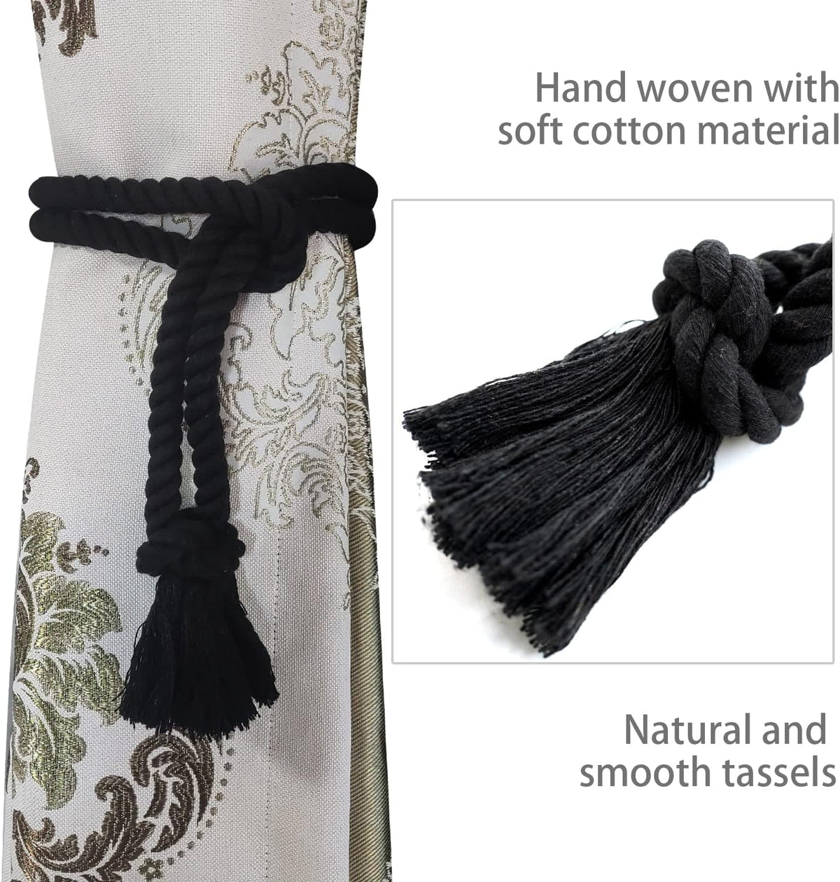 2 Pack Curtain tiebacks Rope, Outdoor Curtain Tiebacks, Natural Cotton Curtain Ties, Village Rural Rustic Farmhouse Curtain Holdbacks Curtain tie Backs Holders for Heavy Duty Drapes, Black