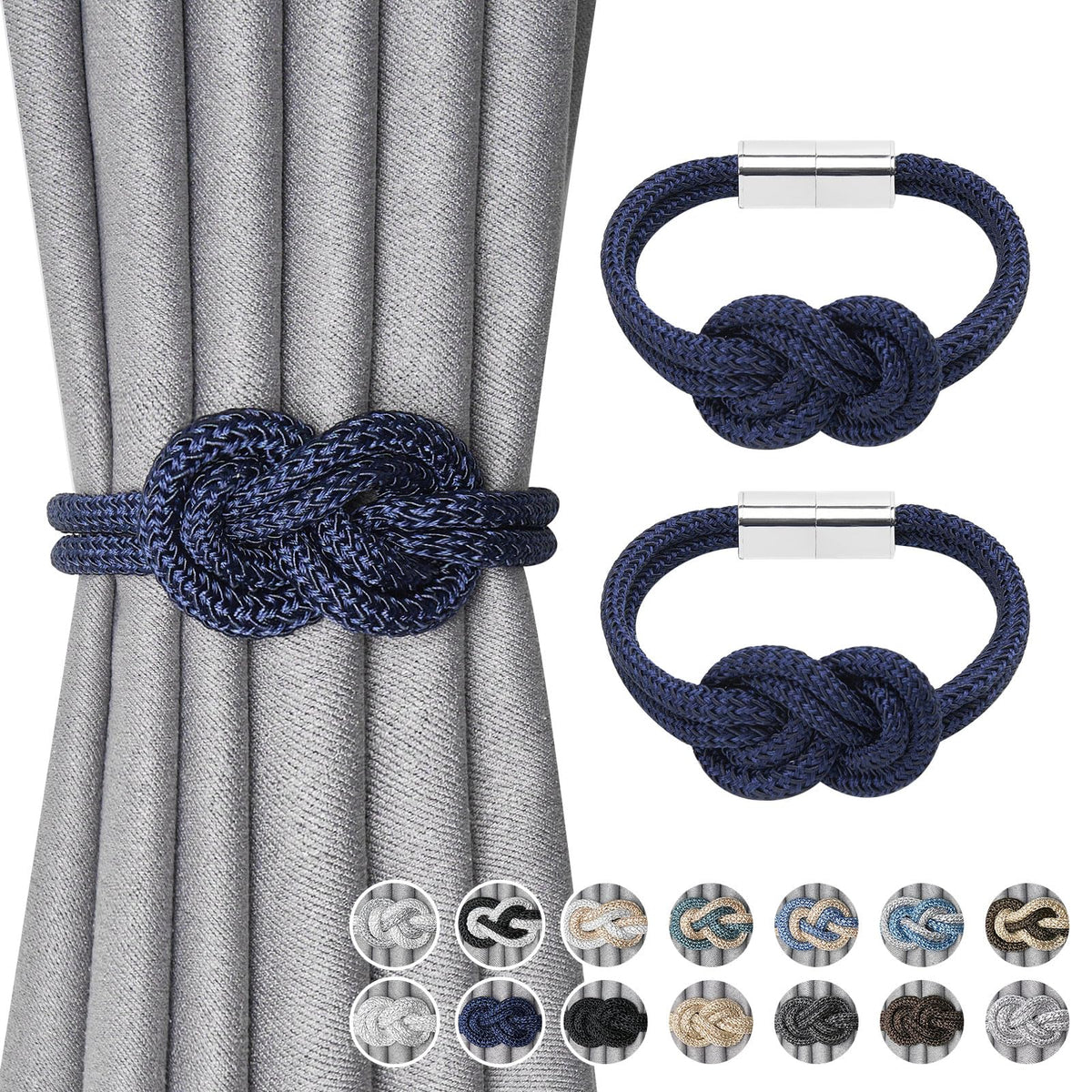 NICEEC 2 Pack Mini Magnetic Curtain Tiebacks Nordic Simple Style Drape Tie Backs Elegant Hand Weave Rope Knot Decorative Curtain Holdbacks for Home & Office Thin Window Drapery (Silver Grey)