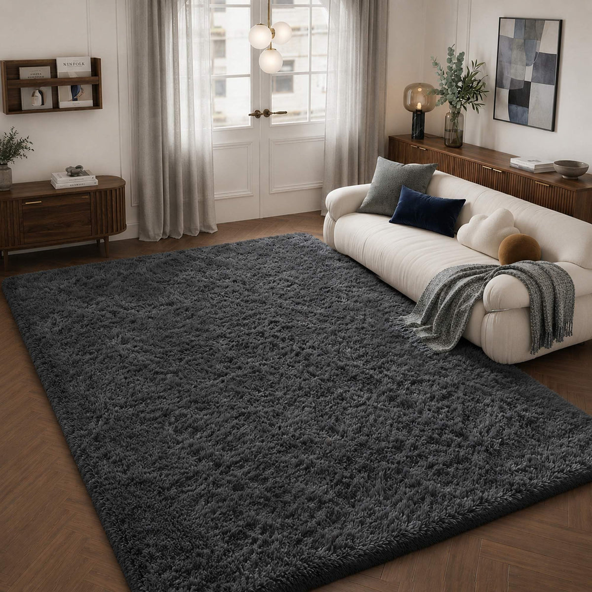 8x10 Ft Cream White Fluffy Area Rug for Living Room, Washable