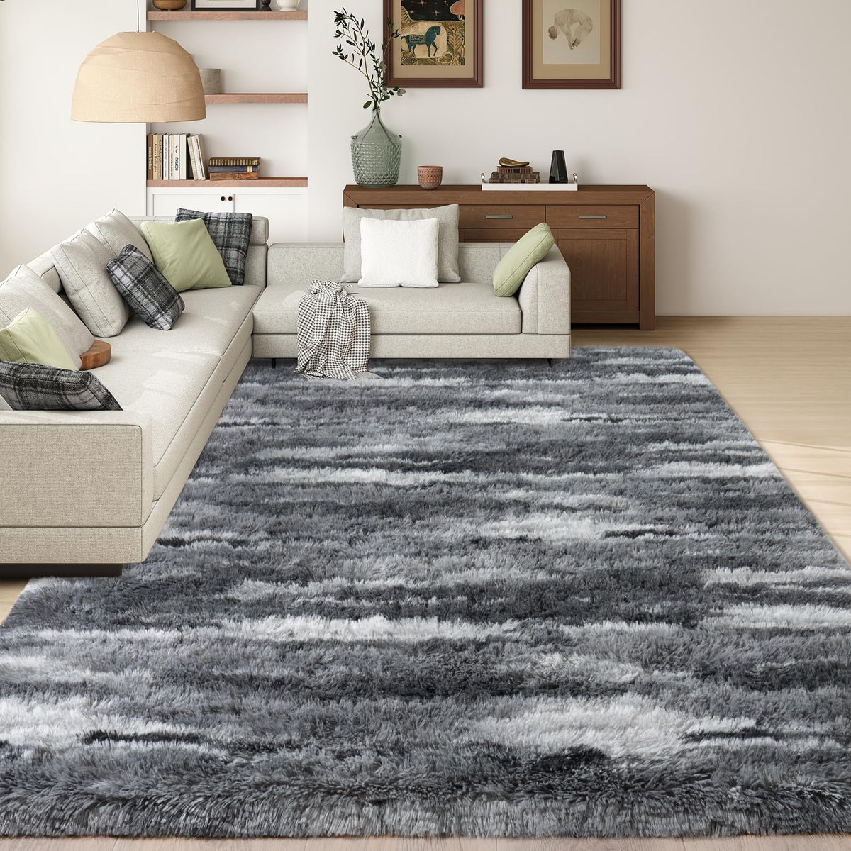8x10 Large Shag Rugs for Living Room, Washable Abstract Grey
