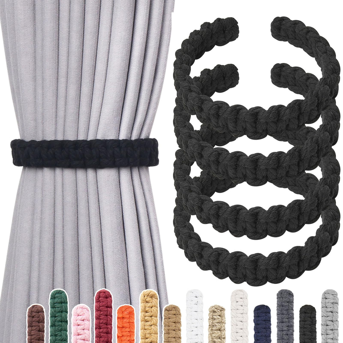 NICEEC 2 Pack Natural Cotton Rope Curtain Tiebacks Farmhouse Rustic Style Decorative Drape Tie Backs Handmade Braided Curtain Holdbacks for Home & Office Sheer/Light Weight Drapery (C-White-S)