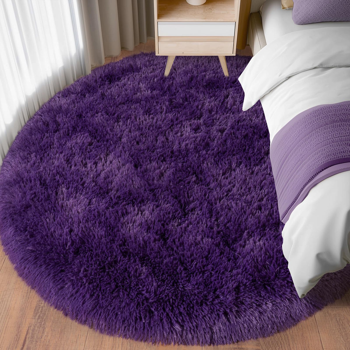 4Ft Fluffy Pink Round Rug for Girls Bedroom Kids Room, Washable Non-Slip