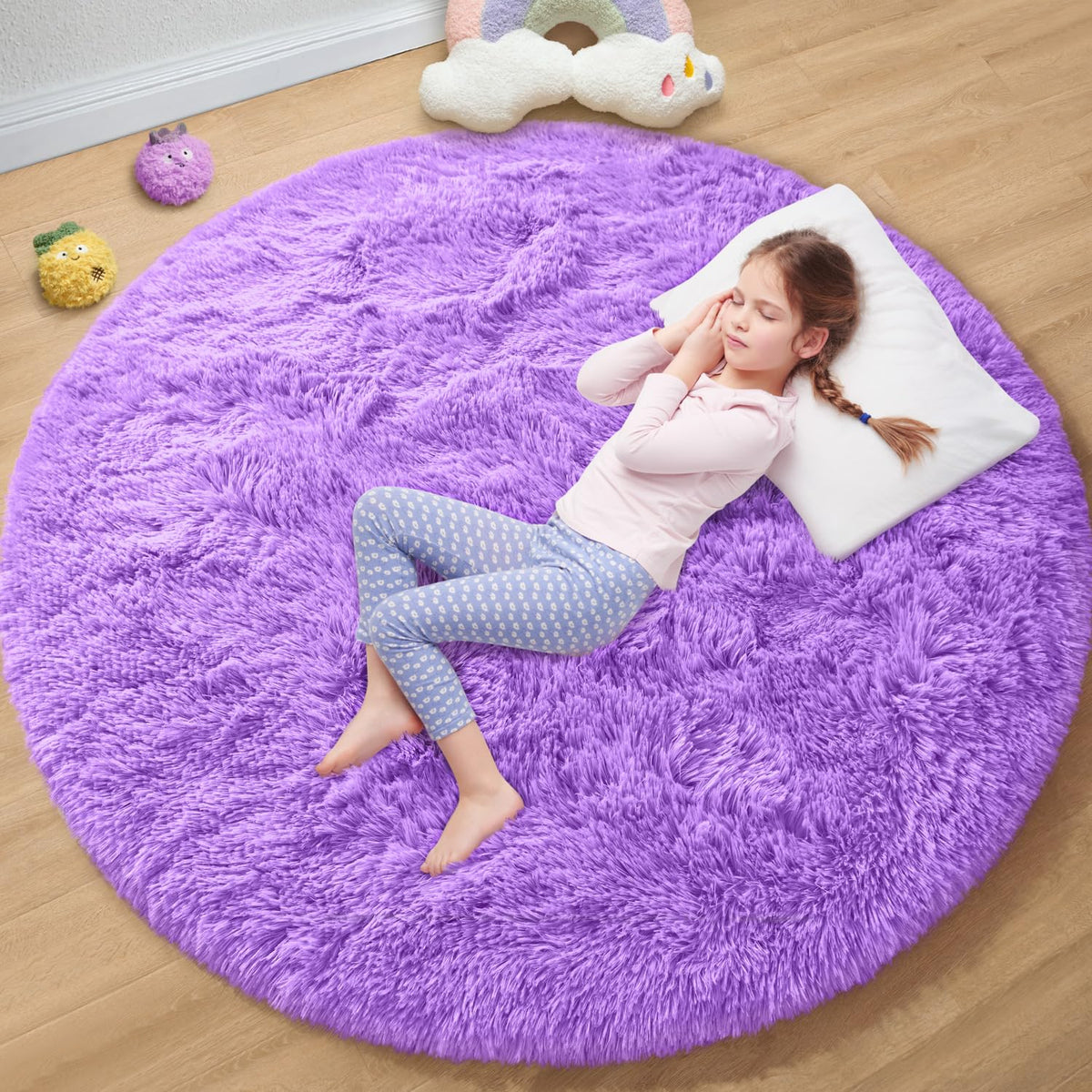 EVOIONOS Pink Round Rug for Bedroom, 4x4 Ft Fluffy Soft Circle Area Rugs for Living Room, Plush Shaggy Circular Carpet for Indoor Floor Bedside Girls Nursery, Machine-Washable Home Decor Aesthetic