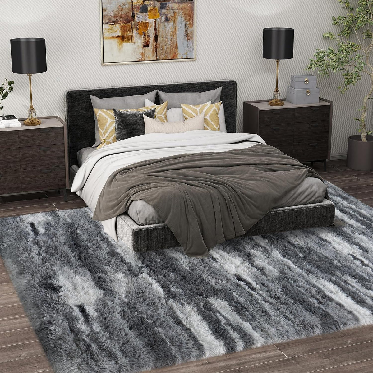 8x10 Large Shag Rugs for Living Room, Washable Abstract Grey