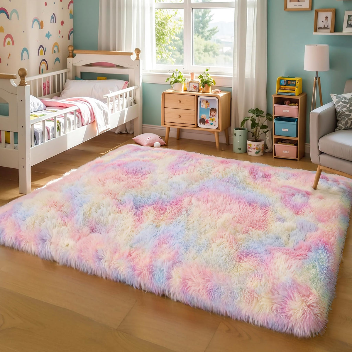 KICHOWUA 4x6 Fluffy Fuzzy Kids Shag Rainbow Rug for Girls Bedroom Playroom