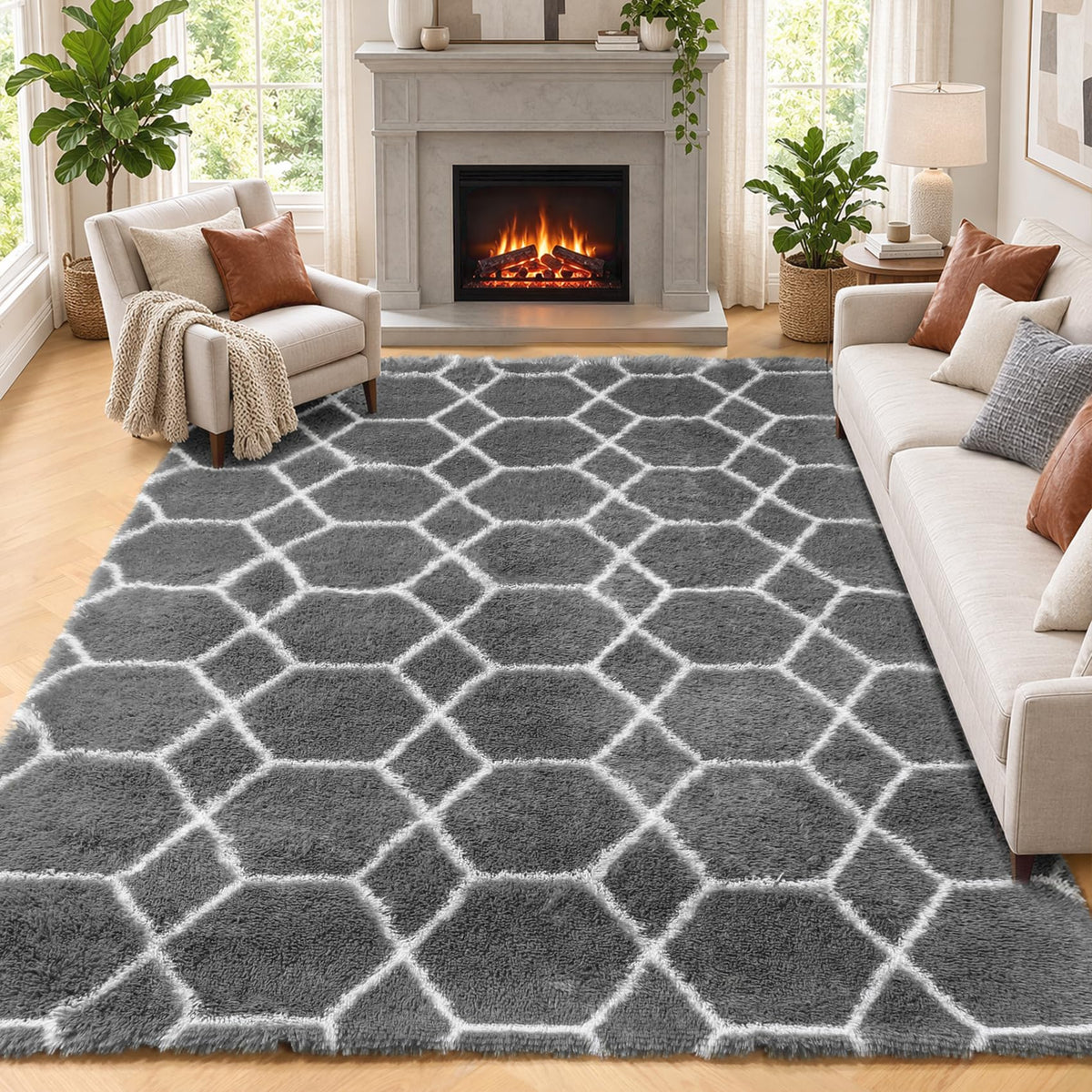 Area Rugs for Living Room Bedroom, 5x8 Fluffy Tie-Dyed Light Grey Shag Rug