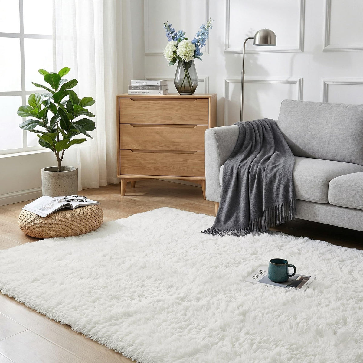 8x10 Ft Cream White Fluffy Area Rug for Living Room, Washable