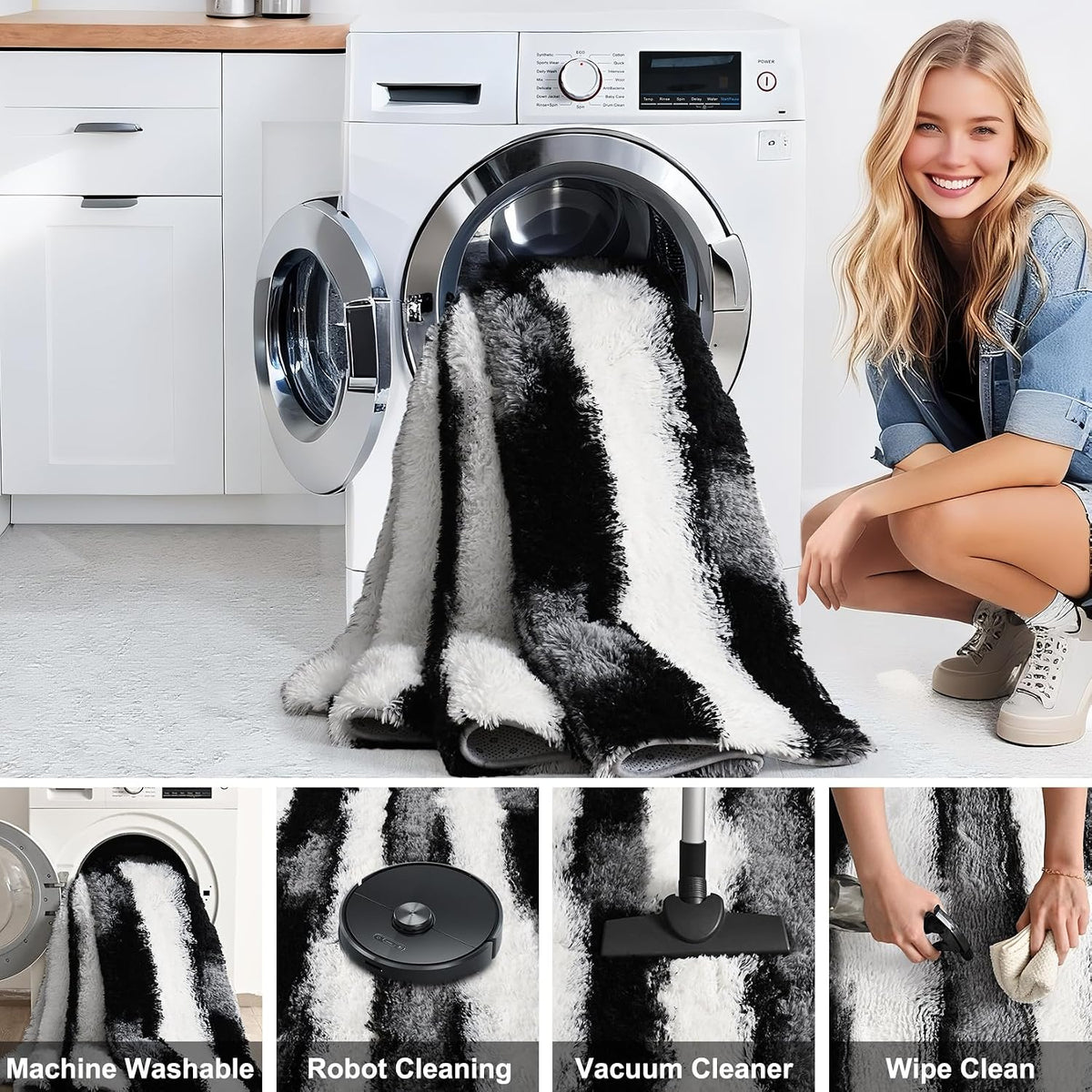 Black and White Rugs for Living Room Bedroom, 6x9 Fluffy Soft Plush Area Rugs with Non-Slip Backing, Modern Striped Shag Fuzzy Carpets for Kids Playroom Nursery Dorms Home Decor