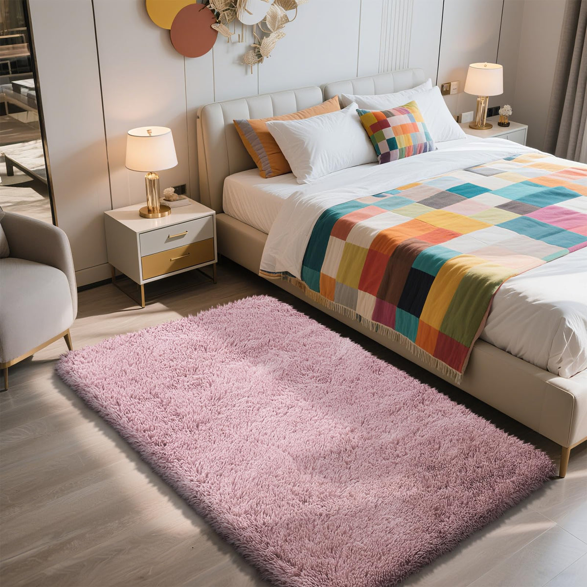 Pink Fluffy Round Area Rugs for Bedroom,3ft Shag Circle Small Area Rugs