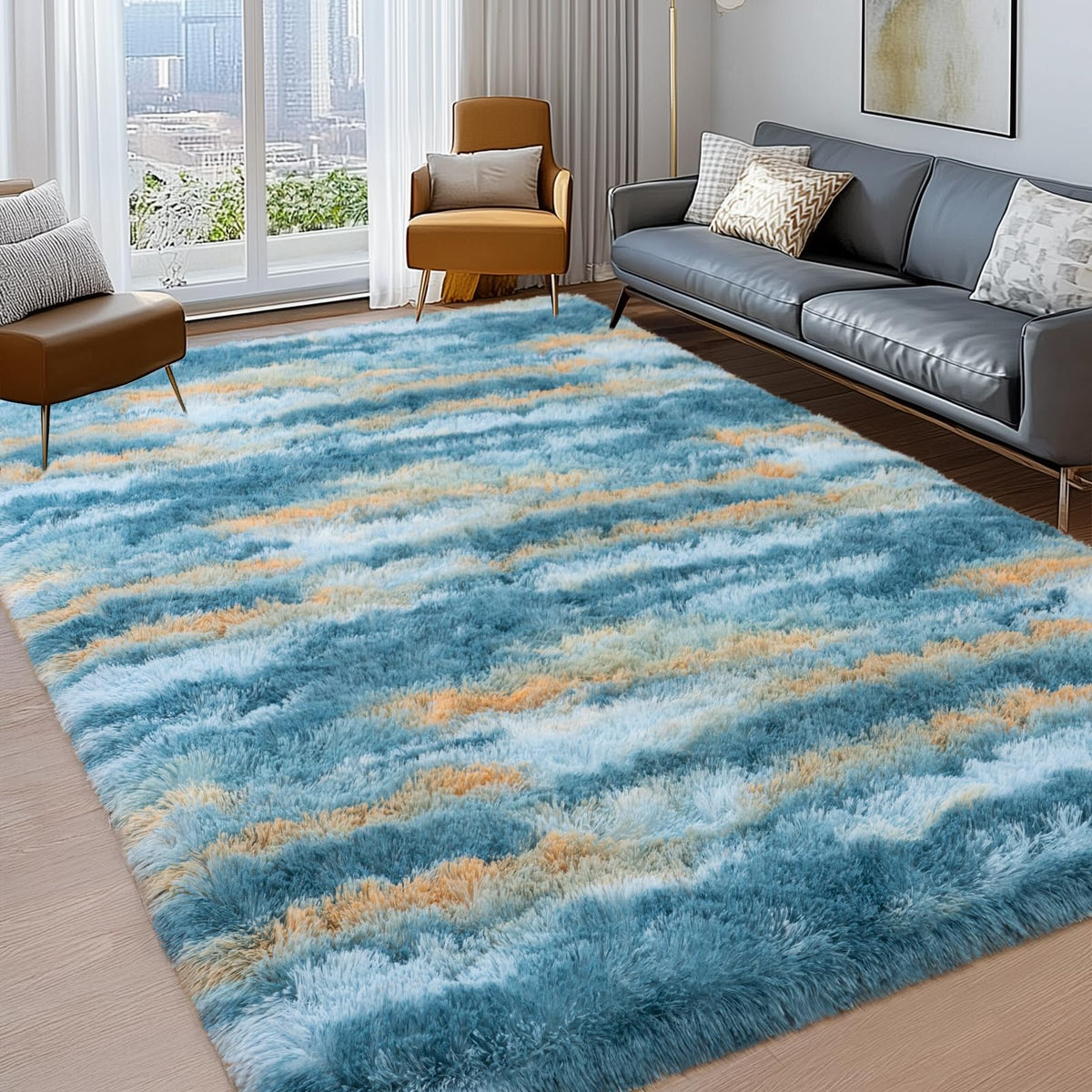 9x12 Large Shag Rugs for Living Room, Washable Abstract Blue Yellow