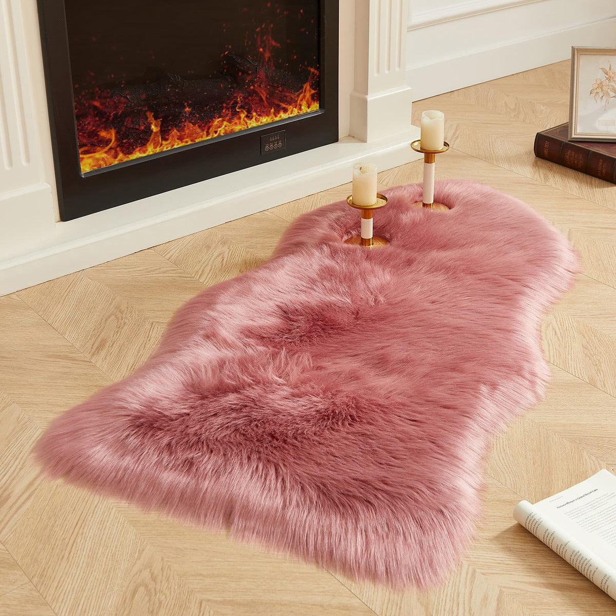 AMTOVO Faux Sheepskin Rug, Beige Ultra Soft Fluffy Shag Area Rug, 2 x 6 ft Faux Fur Rug for Bedroom Sofa Throw Cushion Room Decor, Sheepskin
