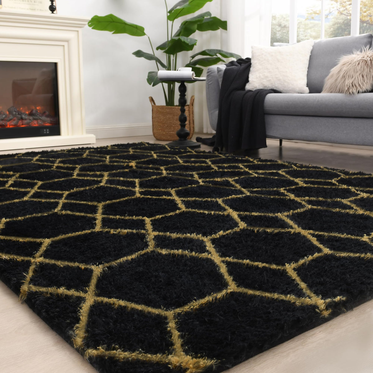 Fluffy Rug for Living Room, Soft Modern 8x10 Grey and Black Shag Area Rugs