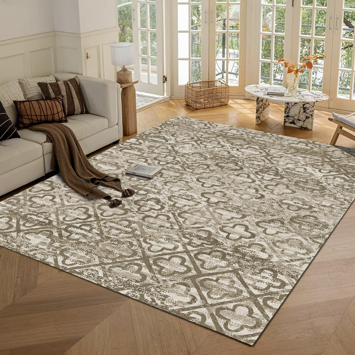 RUGSURE Washable Area Rugs 9' x 12' - 1/6 Thick - Moroccan-Inspired -Stain & Water Resistant Non-Slip - Resistant Rug for Living Room, Bedroom, Nursery, Pet & Child Friendly (Blue and Brown)