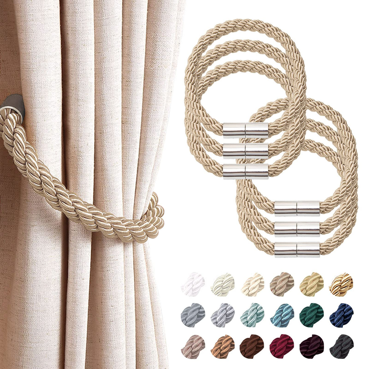 NICEEC 2 Pack Strong Magnetic Curtain Tiebacks Modern Simple Style Drape Tie Backs Convenient Decorative Weave Rope Curtain Holdbacks for Thin or Thick Home & Office Window Draperies (Beige)