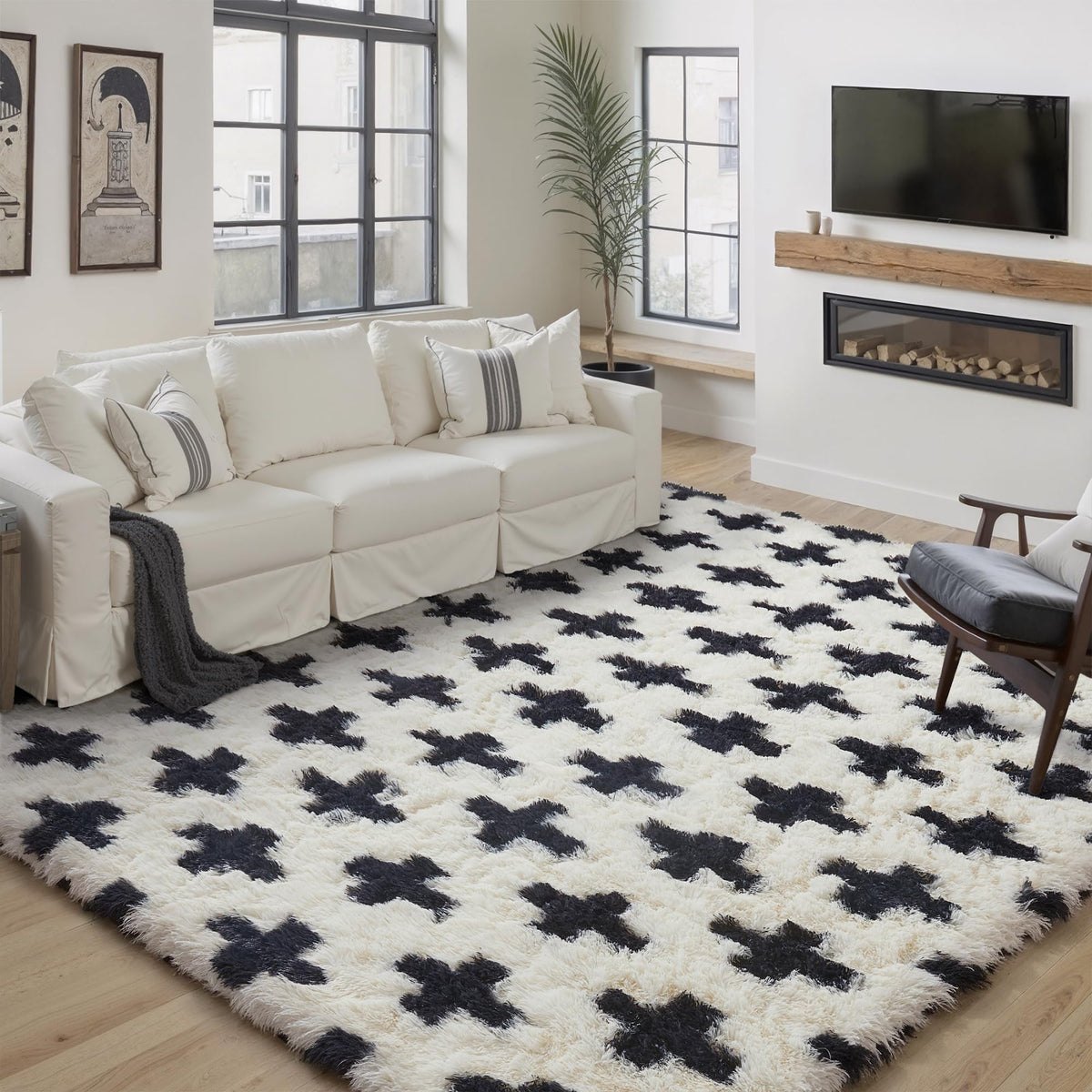 PureCozy Beige 8x10 Area Rug for Living Room Soft Checkered Shag Carpet