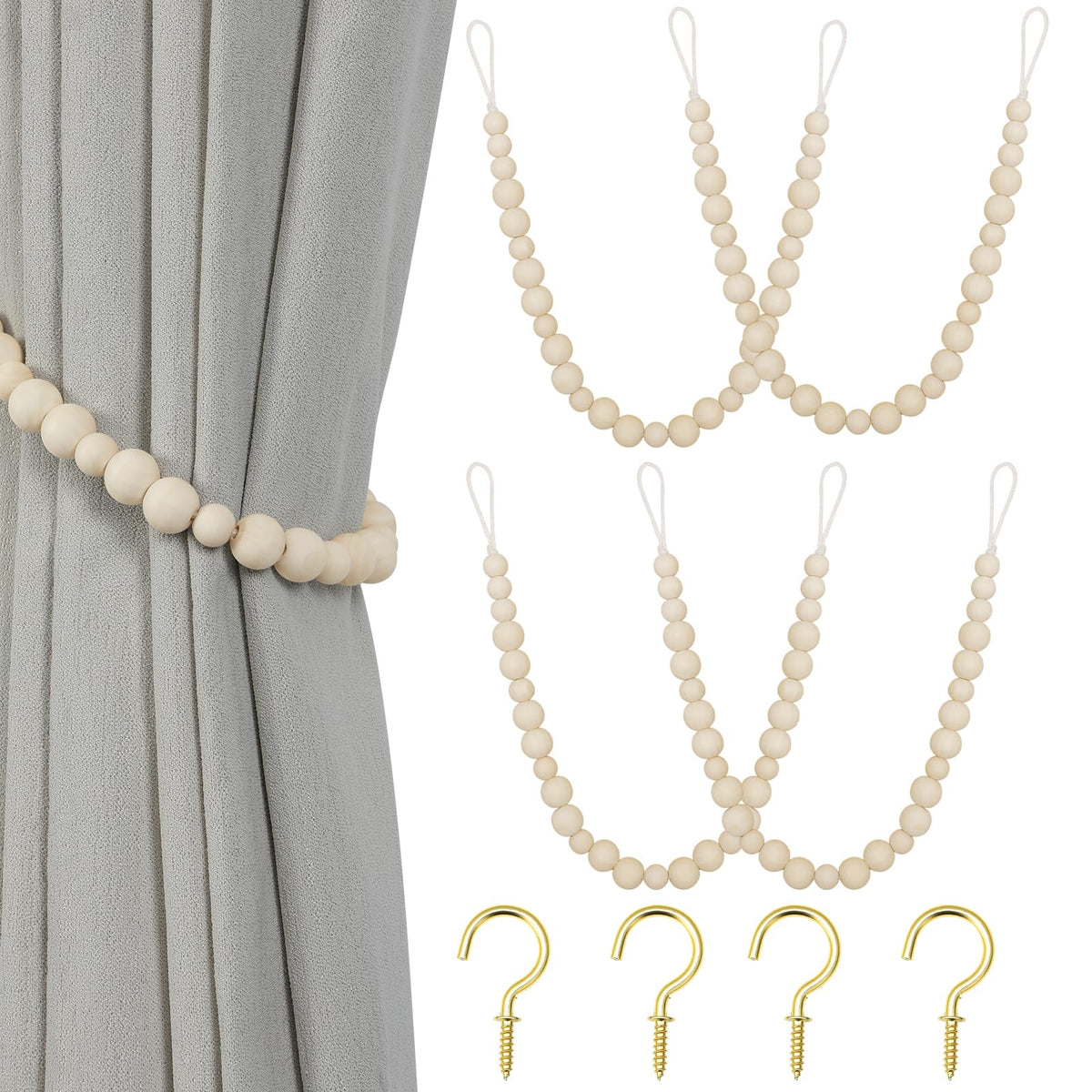 KLOGTSIND Wood Bead Curtain Tiebacks, 2 Pack Curtain Tie Backs with Hooks