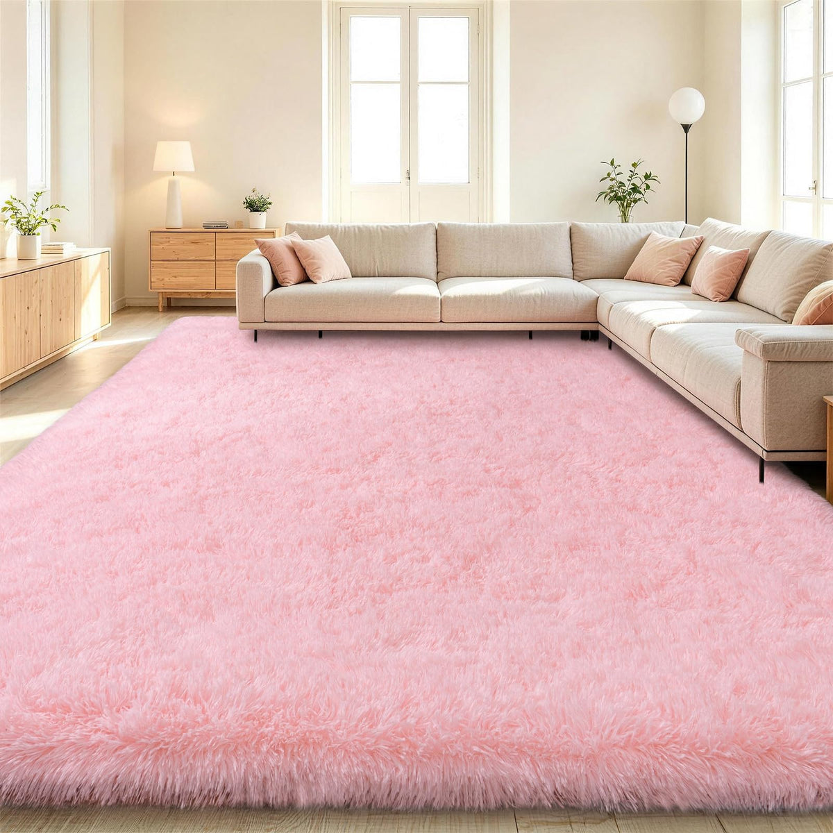 4Ft Fluffy Pink Round Rug for Girls Bedroom Kids Room, Washable Non-Slip