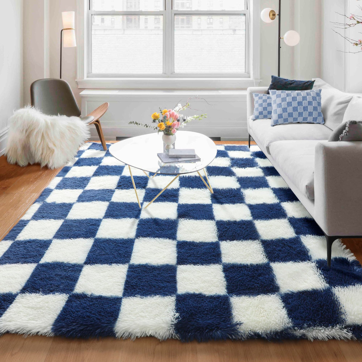 KICMOR Area Rugs 8x10 for Living Room, Large Fluffy Beige and Cream White Checkered Rug Big Fuzzy Shag Shaggy Carpets for Bedroom, Soft Plush Furry Rug for Boy Girls Room Dorm Home Decor Aesthetic