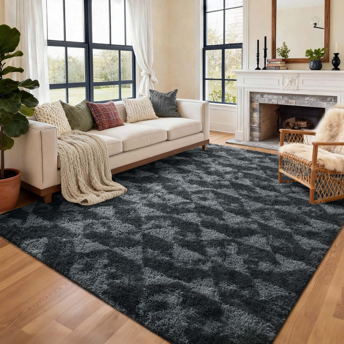 8x10 Ft Extra Large Shag Rugs for Living Room, Tie Dyed Ultra Soft Fluffy Furry Area Rugs for Bedroom Indoor Floor, Aesthetic Carpet for Kids Home Decor (Dark Grey)