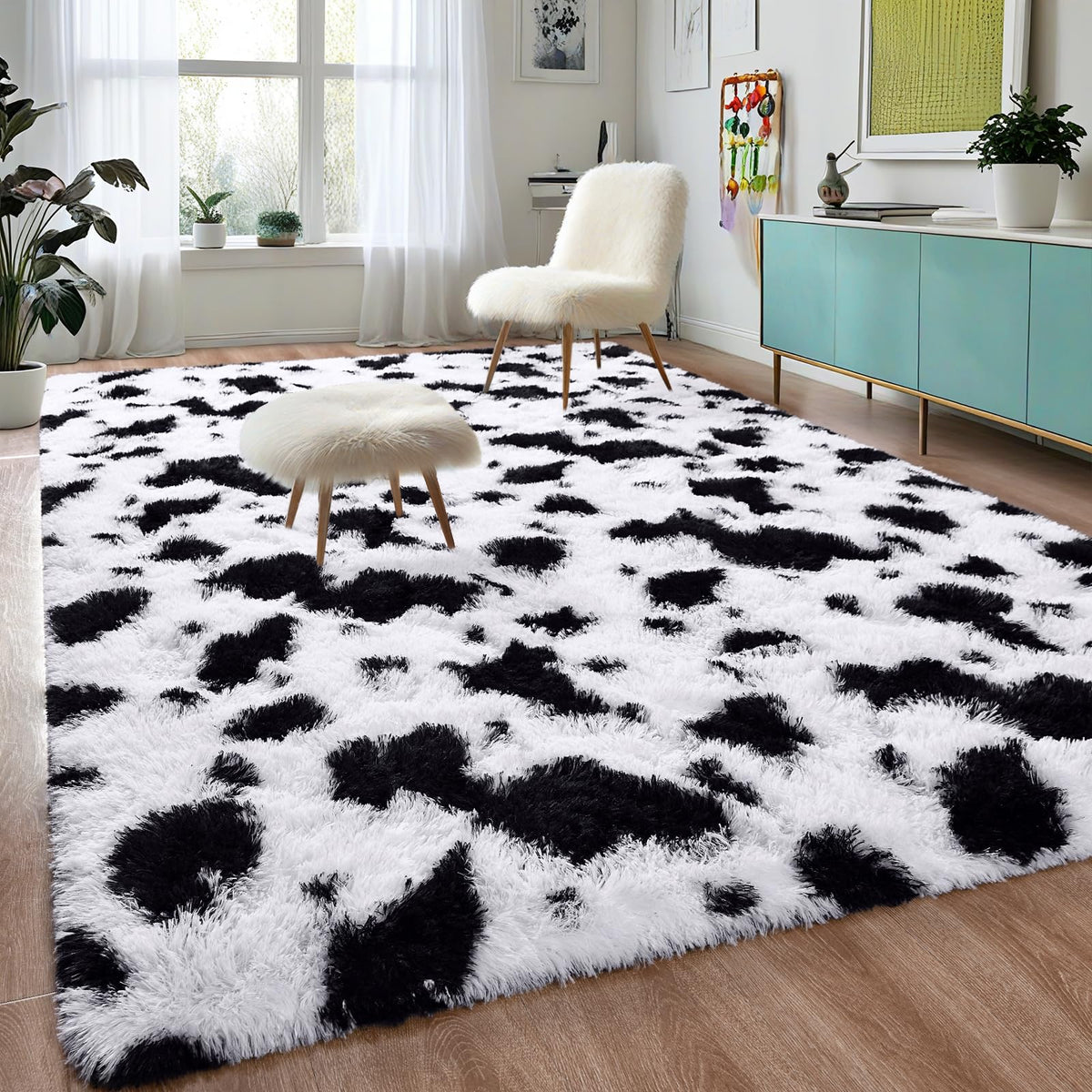 DweIke Fluffy Blue Shag Rugs for Bedroom Living Room, 4x6 Feet Soft Plush Tie-Dyed Light SkyBlue Girls Boys Kids Rug, Upgraded Non-Slip and Machine Washable Carpet for Dorm Nursery Classroom Decor