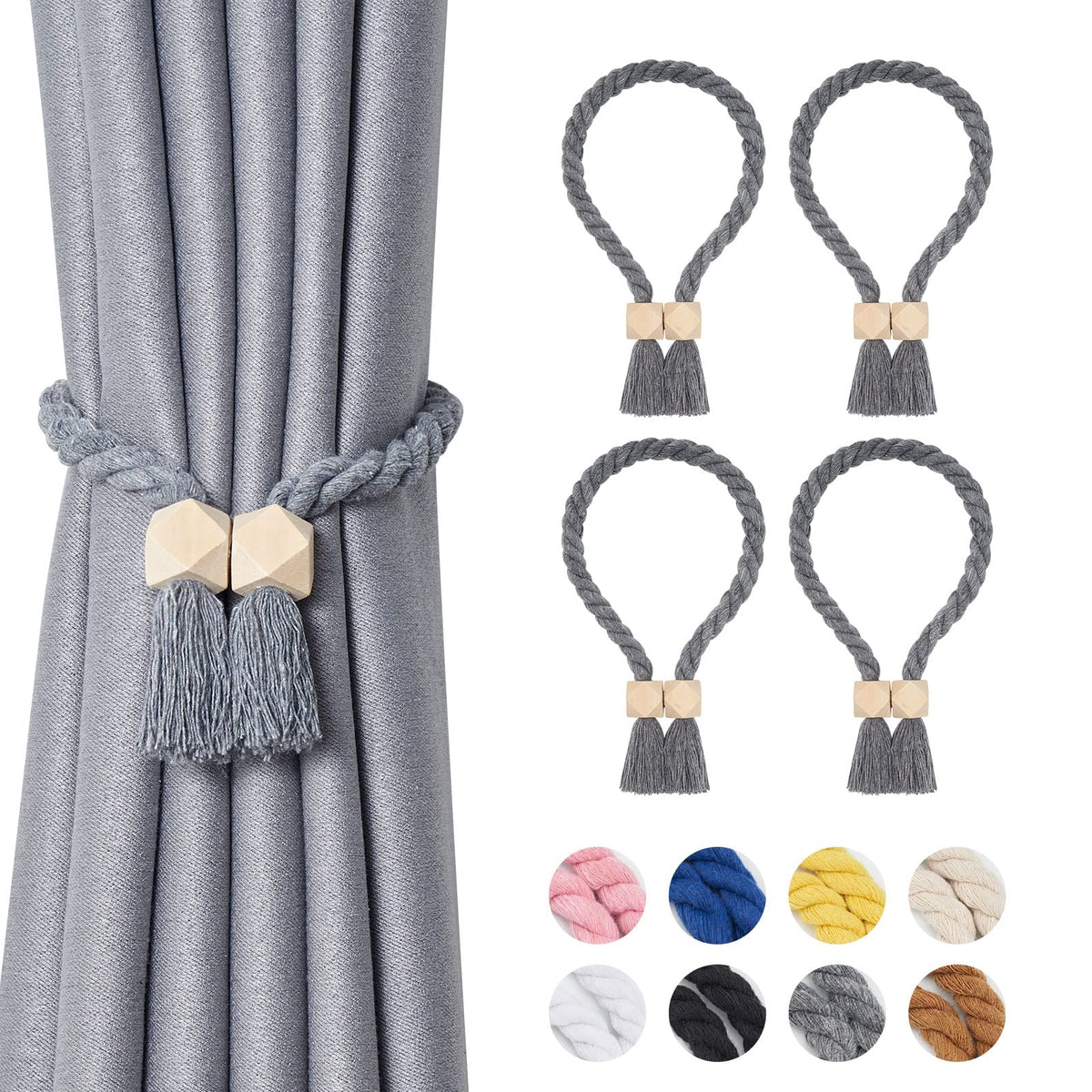 NICEEC 2 Pack Wooden Ball Magnetic Curtain Tiebacks Boho Home Decor Drape Tie Backs Natural Cotton Hand Woven Rope Curtain Holdbacks for Thin & Thick Home & Office Window Draperies (Beige)