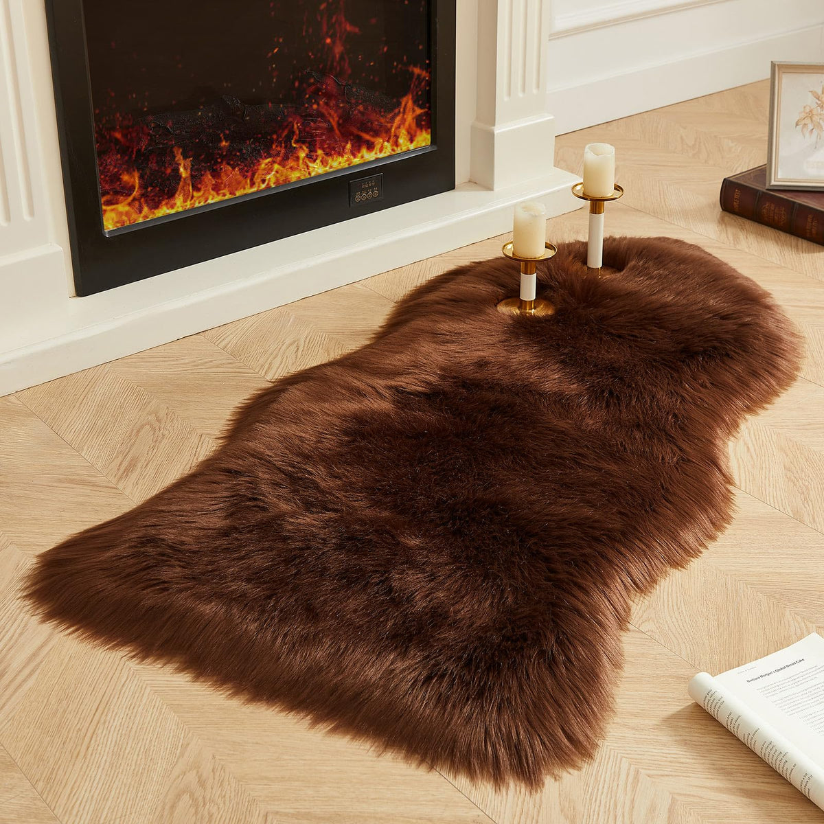 AMTOVO Faux Sheepskin Rug, Beige Ultra Soft Fluffy Shag Area Rug, 2 x 6 ft Faux Fur Rug for Bedroom Sofa Throw Cushion Room Decor, Sheepskin