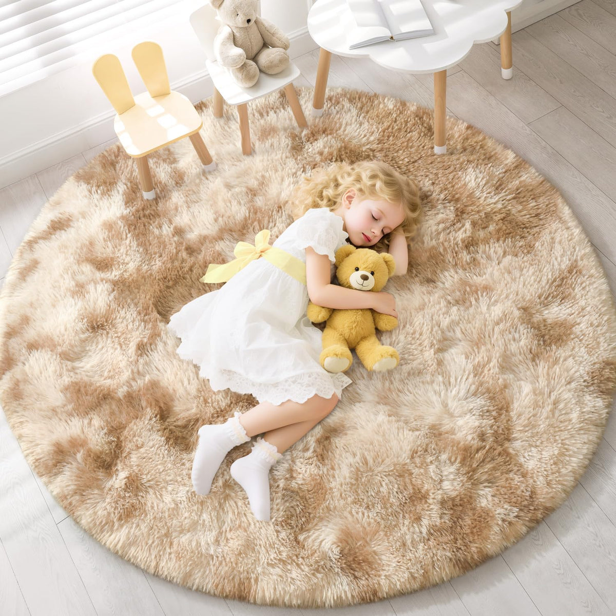 EVOIONOS Area Rug for Bedroom Living Room, Machine Washable 5x7 Fluffy Shag Rug, Soft Plush Non Slip Carpet for Indoor Floor Bedside Nursery Kids Girls Room Dorm, Home Decor Aesthetic, ‌Tie-Dye Camel