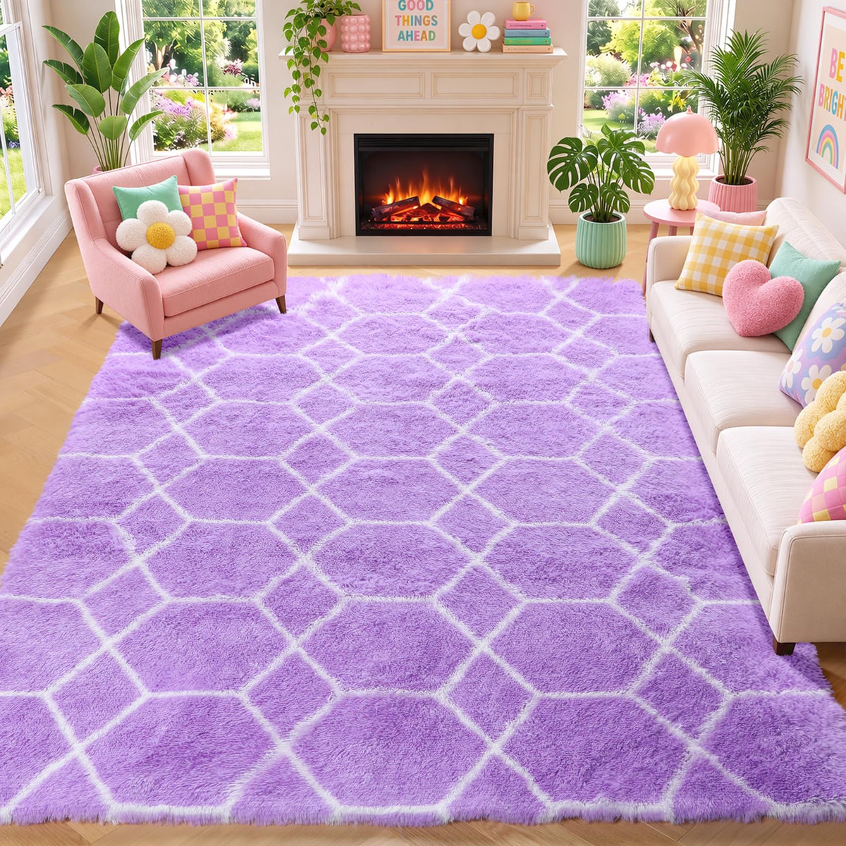 Area Rugs for Living Room Bedroom, 5x8 Fluffy Tie-Dyed Light Grey Shag Rug