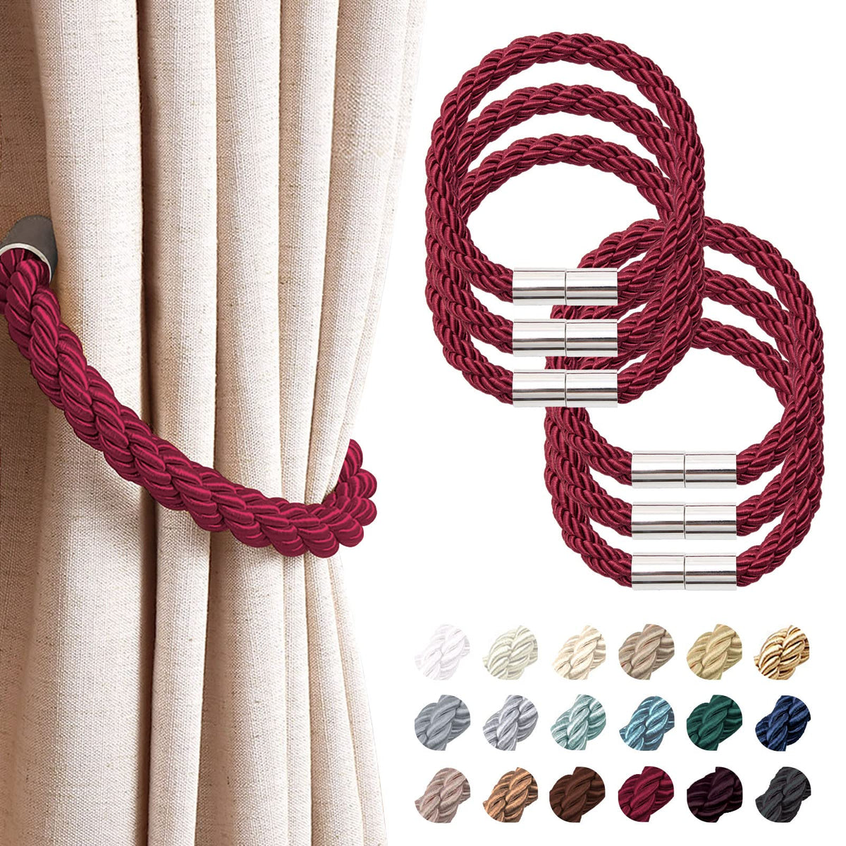 NICEEC 2 Pack Strong Magnetic Curtain Tiebacks Modern Simple Style Drape Tie Backs Convenient Decorative Weave Rope Curtain Holdbacks for Thin or Thick Home & Office Window Draperies (Beige)