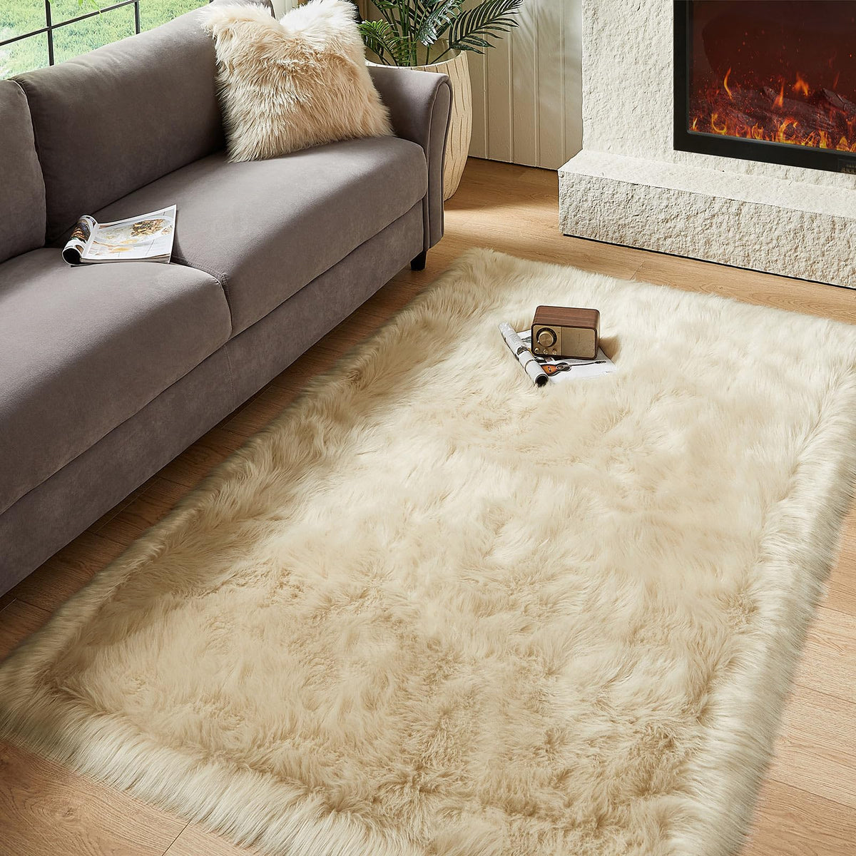 AMTOVO Faux Sheepskin Rug, Beige Ultra Soft Fluffy Shag Area Rug, 2 x 6 ft Faux Fur Rug for Bedroom Sofa Throw Cushion Room Decor, Sheepskin