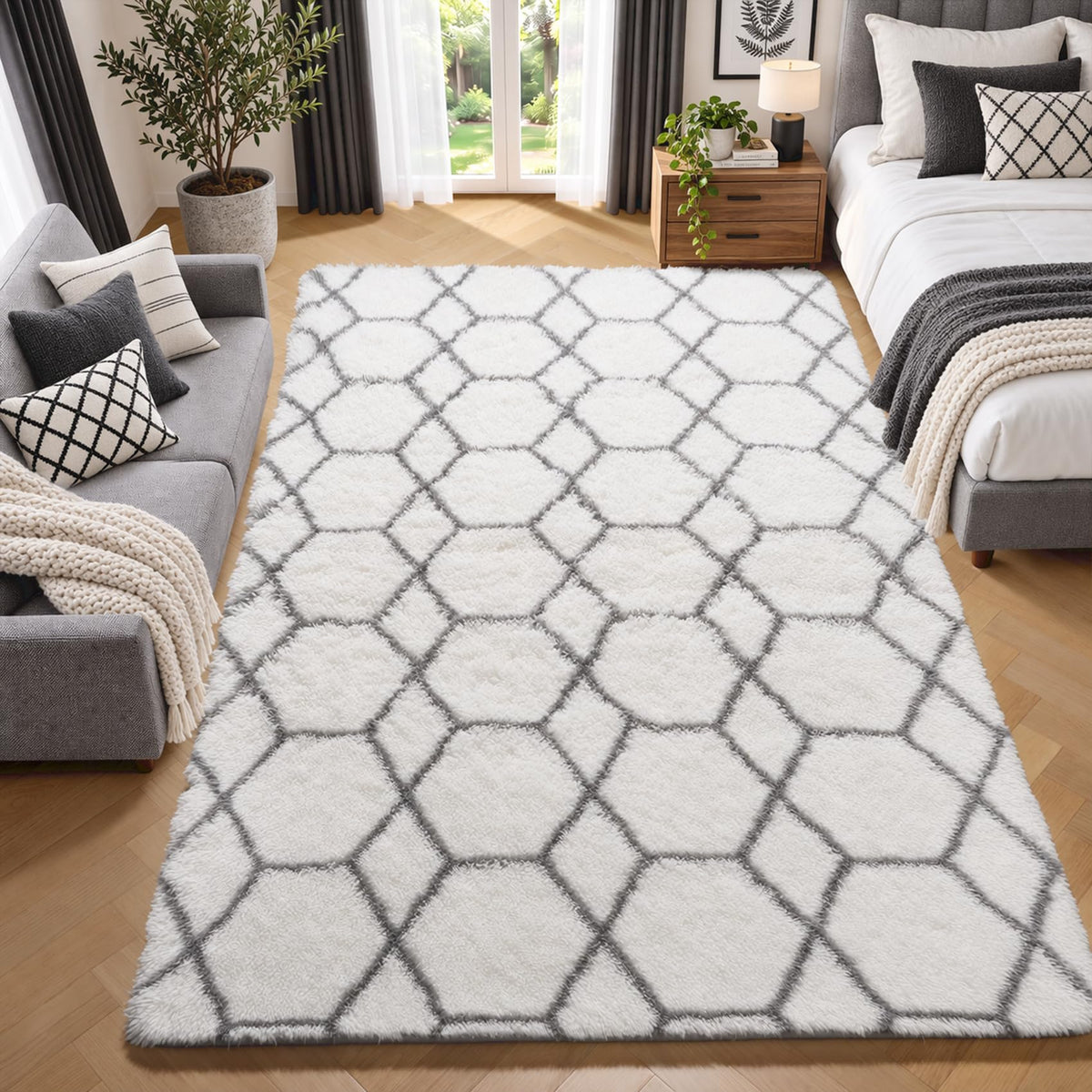 Area Rugs for Living Room Bedroom, 5x8 Fluffy Tie-Dyed Light Grey Shag Rug