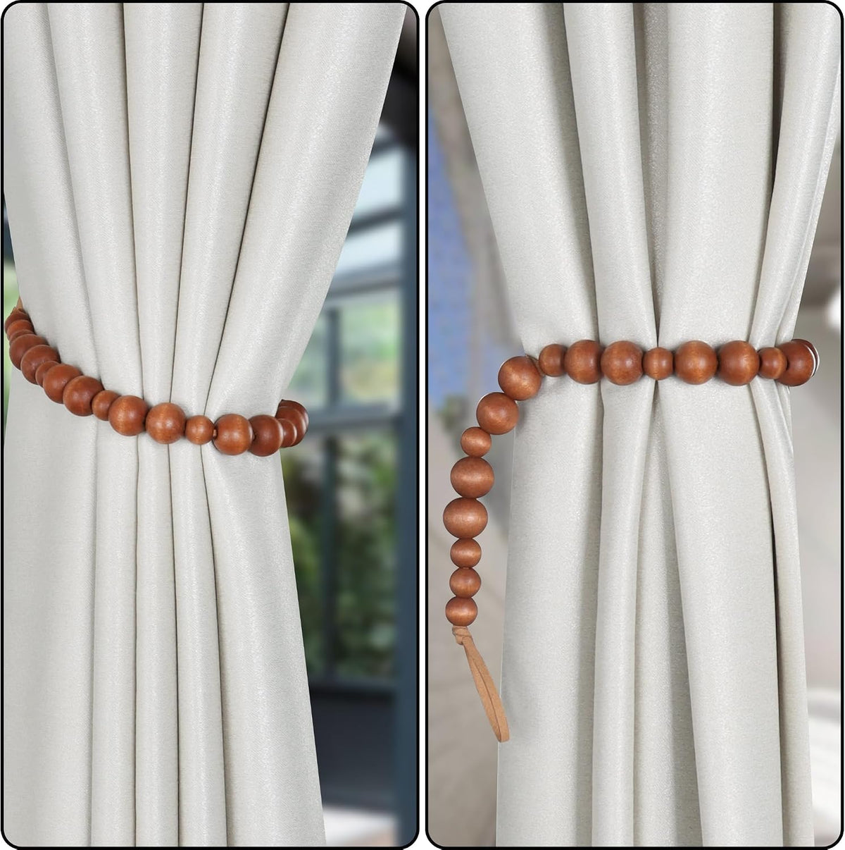 2 Pieces Curtain Tieback Wood Bead Curtain Tiebacks Curtain Holdbacks for Wall Curtain Ties Window Treatment Curtain Tie Backs with Hooks Curtain Pull Backs (Coffee,2) C-1