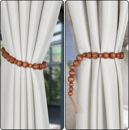 2 Pieces Curtain Tieback Wood Bead Curtain Tiebacks Curtain Holdbacks for Wall Curtain Ties Window Treatment Curtain Tie Backs with Hooks Curtain Pull Backs (Coffee,2) C-1