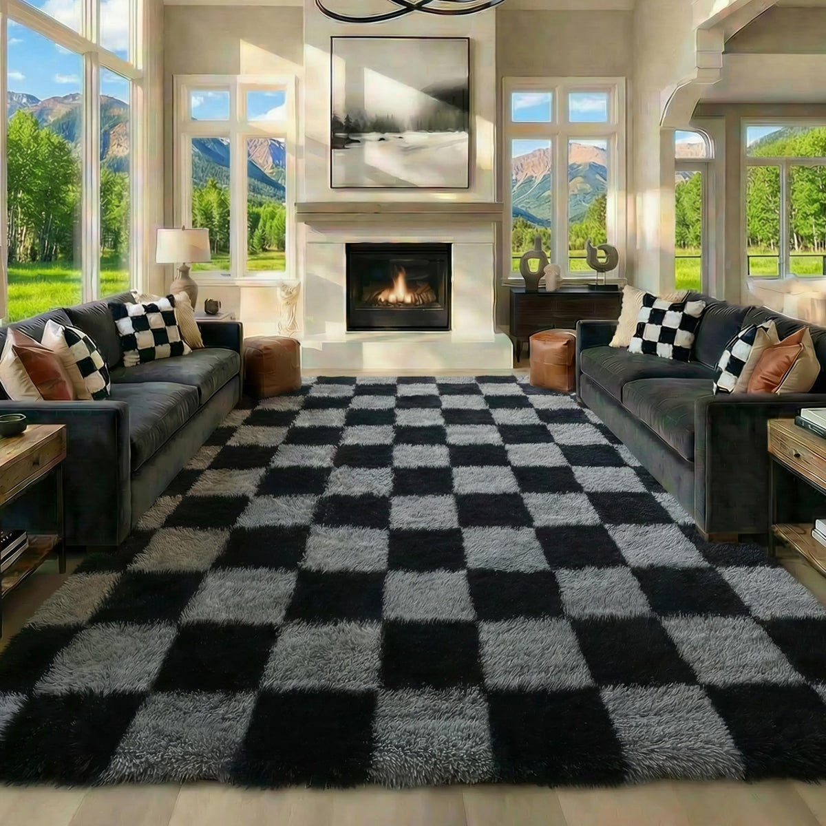KICMOR Area Rugs 8x10 for Living Room, Large Fluffy Beige and Cream White Checkered Rug Big Fuzzy Shag Shaggy Carpets for Bedroom, Soft Plush Furry Rug for Boy Girls Room Dorm Home Decor Aesthetic
