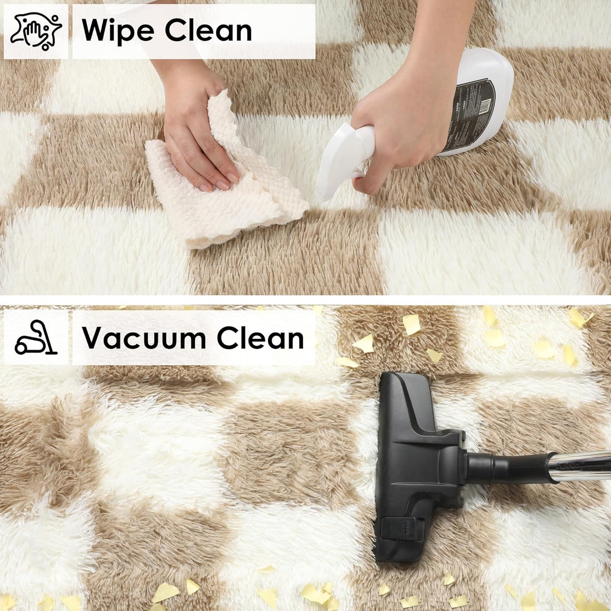 KICMOR Area Rugs 8x10 for Living Room, Large Fluffy Beige and Cream White Checkered Rug Big Fuzzy Shag Shaggy Carpets for Bedroom, Soft Plush Furry Rug for Boy Girls Room Dorm Home Decor Aesthetic