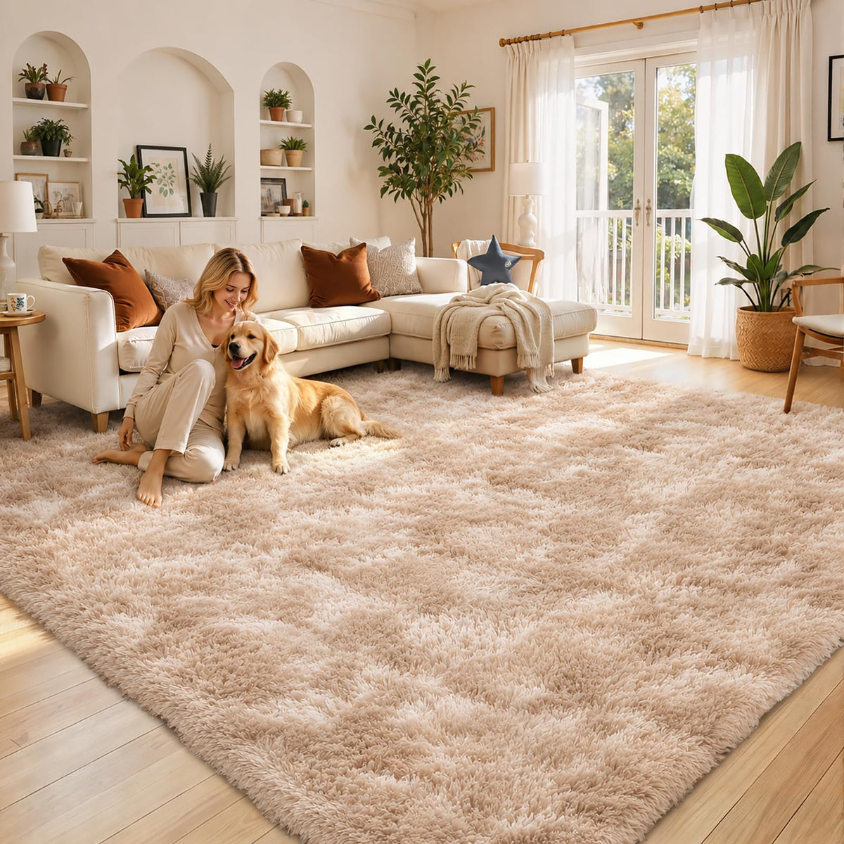 8x10 Area Rugs for Living Room,Cream Large Shaggy Carpet Plush Furry Rug