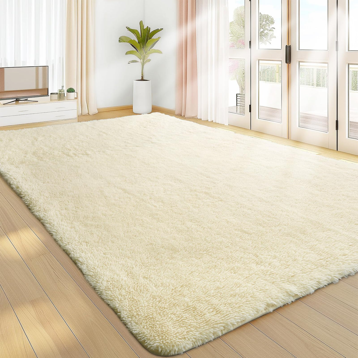 Sour Lemon 8x10 Area Rugs for Bedroom Living Room, Fluffy Shag Cream
