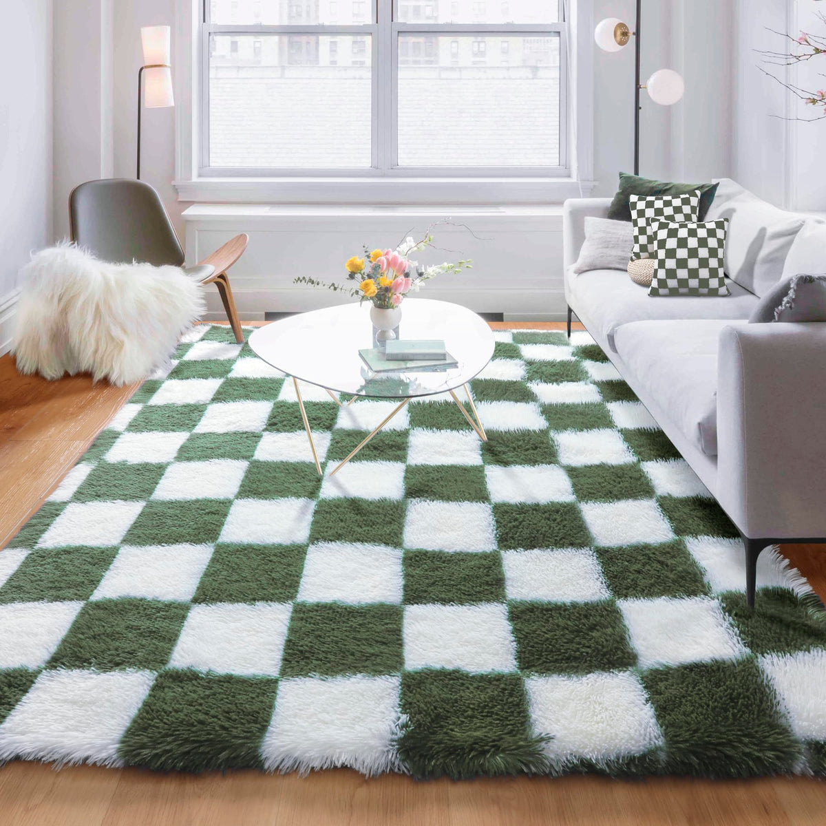 KICMOR Area Rugs 8x10 for Living Room, Large Fluffy Beige and Cream White Checkered Rug Big Fuzzy Shag Shaggy Carpets for Bedroom, Soft Plush Furry Rug for Boy Girls Room Dorm Home Decor Aesthetic