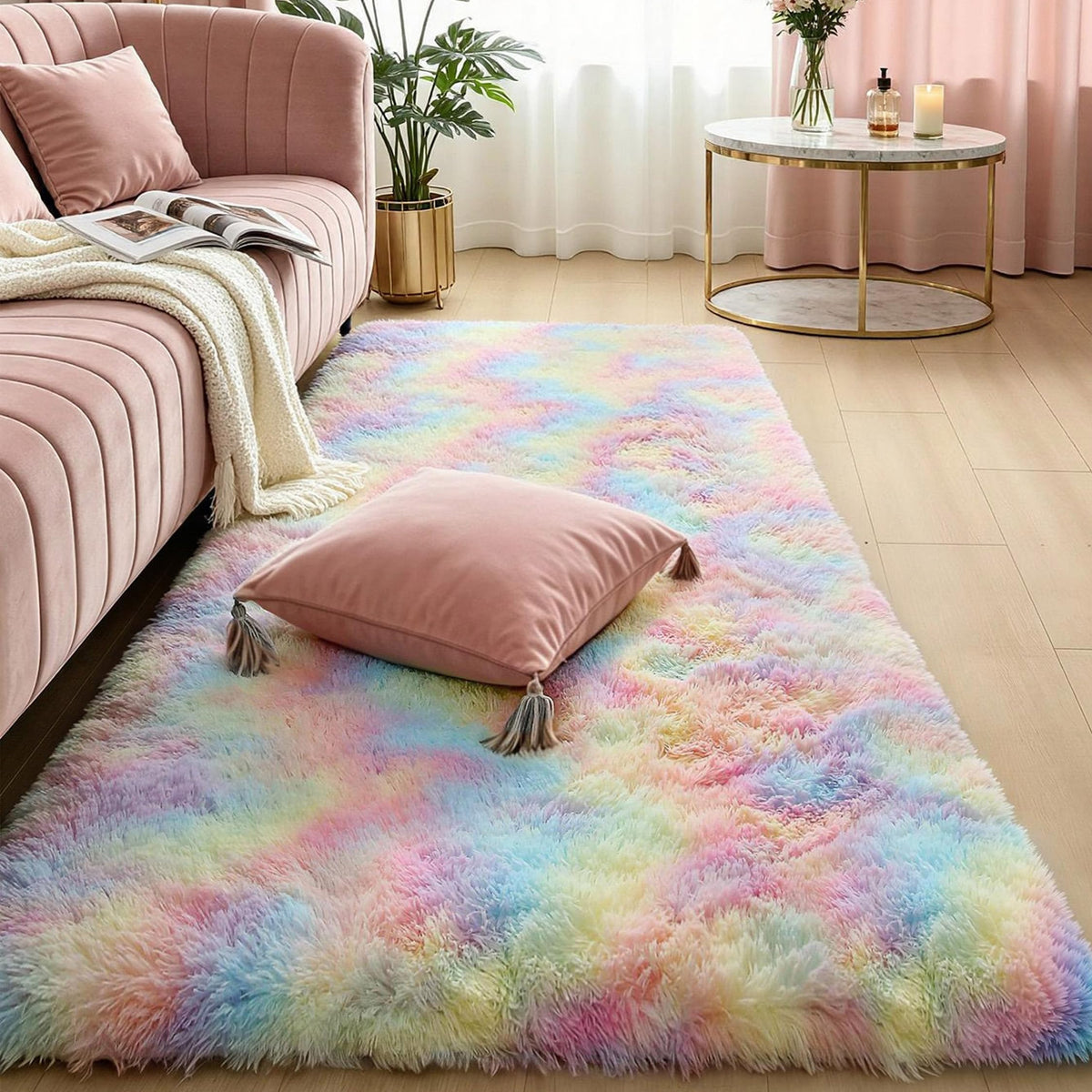 KICHOWUA 4x6 Fluffy Fuzzy Kids Shag Rainbow Rug for Girls Bedroom Playroom