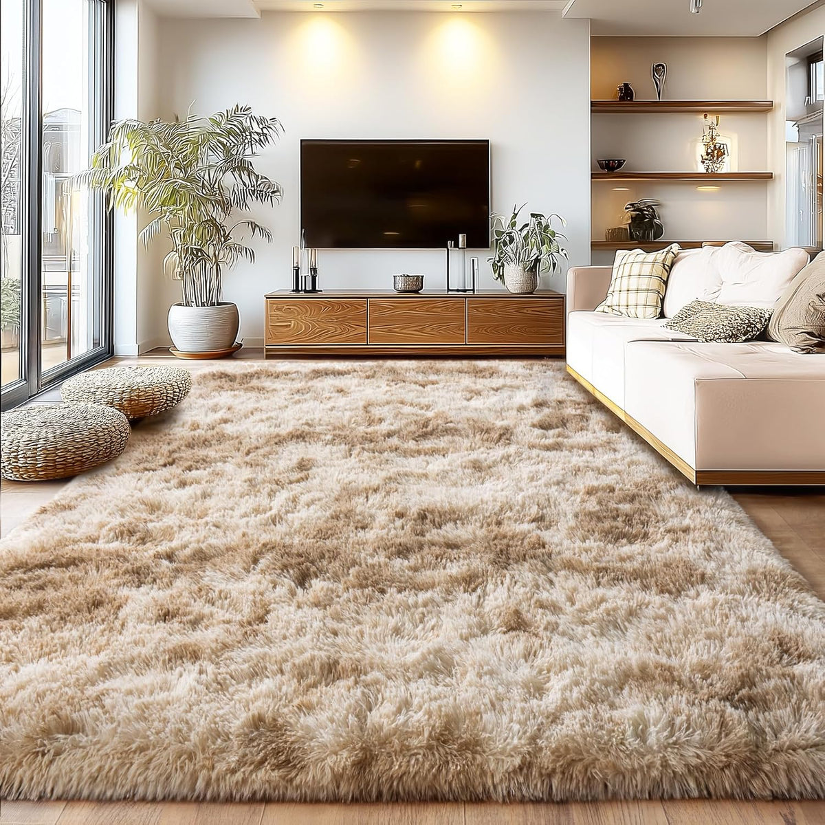 Large Living Room Area Rug 9x12Ft Shaggy Carpet Fuzzy Carpet Tie Dye Camel