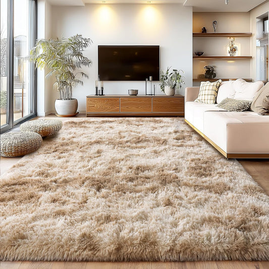 Large Living Room Area Rug 9x12Ft Shaggy Carpet Fuzzy Carpet Tie Dye Camel