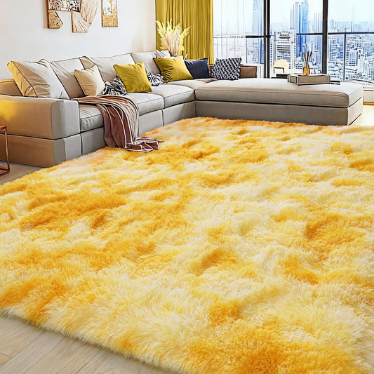 Large 8x10 Area Rugs for Living Room, Tie-Dyed Yellow Soft Shag Rug