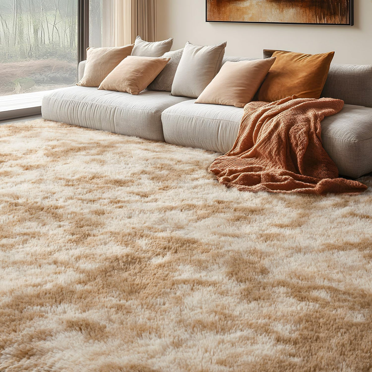 EVOIONOS Area Rug for Bedroom Living Room, Machine Washable 5x7 Fluffy Shag Rug, Soft Plush Non Slip Carpet for Indoor Floor Bedside Nursery Kids Girls Room Dorm, Home Decor Aesthetic, ‌Tie-Dye Camel
