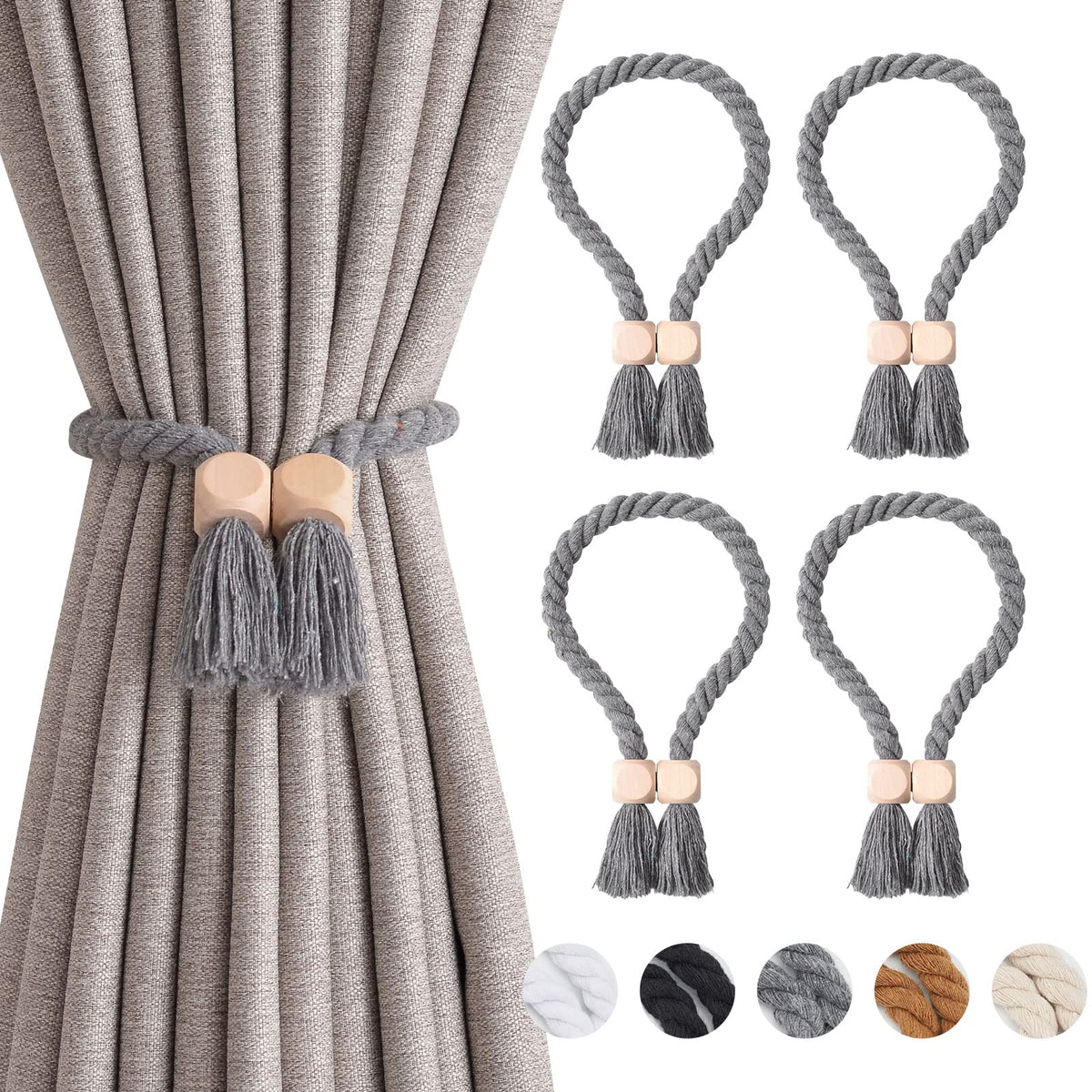 NICEEC 2 Pack Wooden Ball Magnetic Curtain Tiebacks Boho Home Decor Drape Tie Backs Natural Cotton Hand Woven Rope Curtain Holdbacks for Thin & Thick Home & Office Window Draperies (Beige)