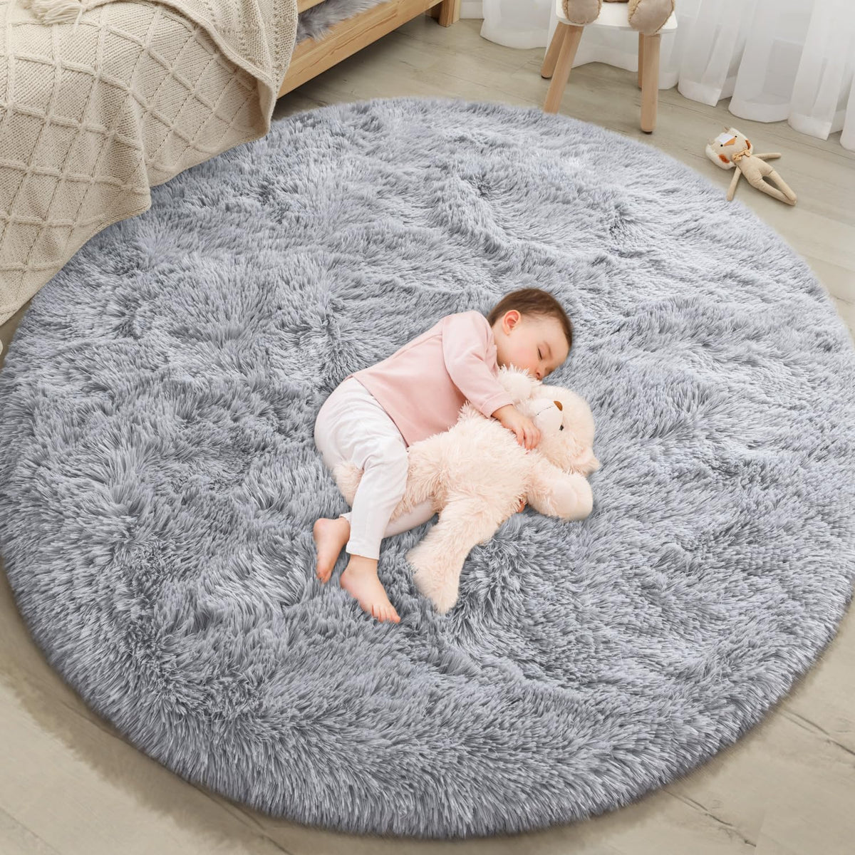 EVOIONOS Pink Round Rug for Bedroom, 4x4 Ft Fluffy Soft Circle Area Rugs for Living Room, Plush Shaggy Circular Carpet for Indoor Floor Bedside Girls Nursery, Machine-Washable Home Decor Aesthetic