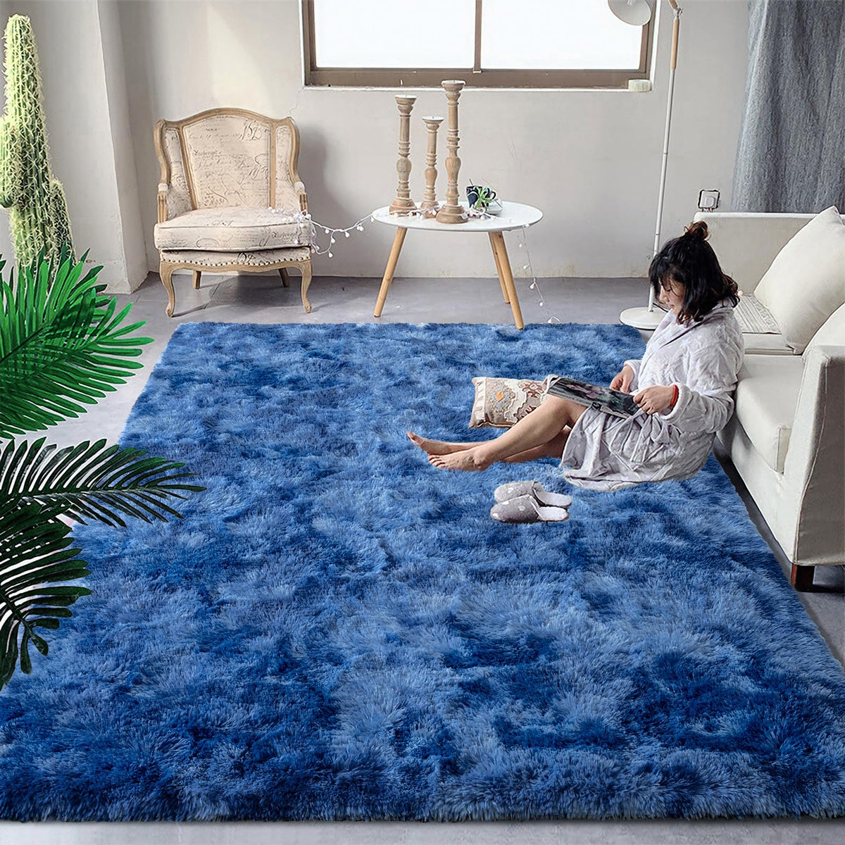 DweIke Fluffy Blue Shag Rugs for Bedroom Living Room, 4x6 Feet Soft Plush Tie-Dyed Light SkyBlue Girls Boys Kids Rug, Upgraded Non-Slip and Machine Washable Carpet for Dorm Nursery Classroom Decor