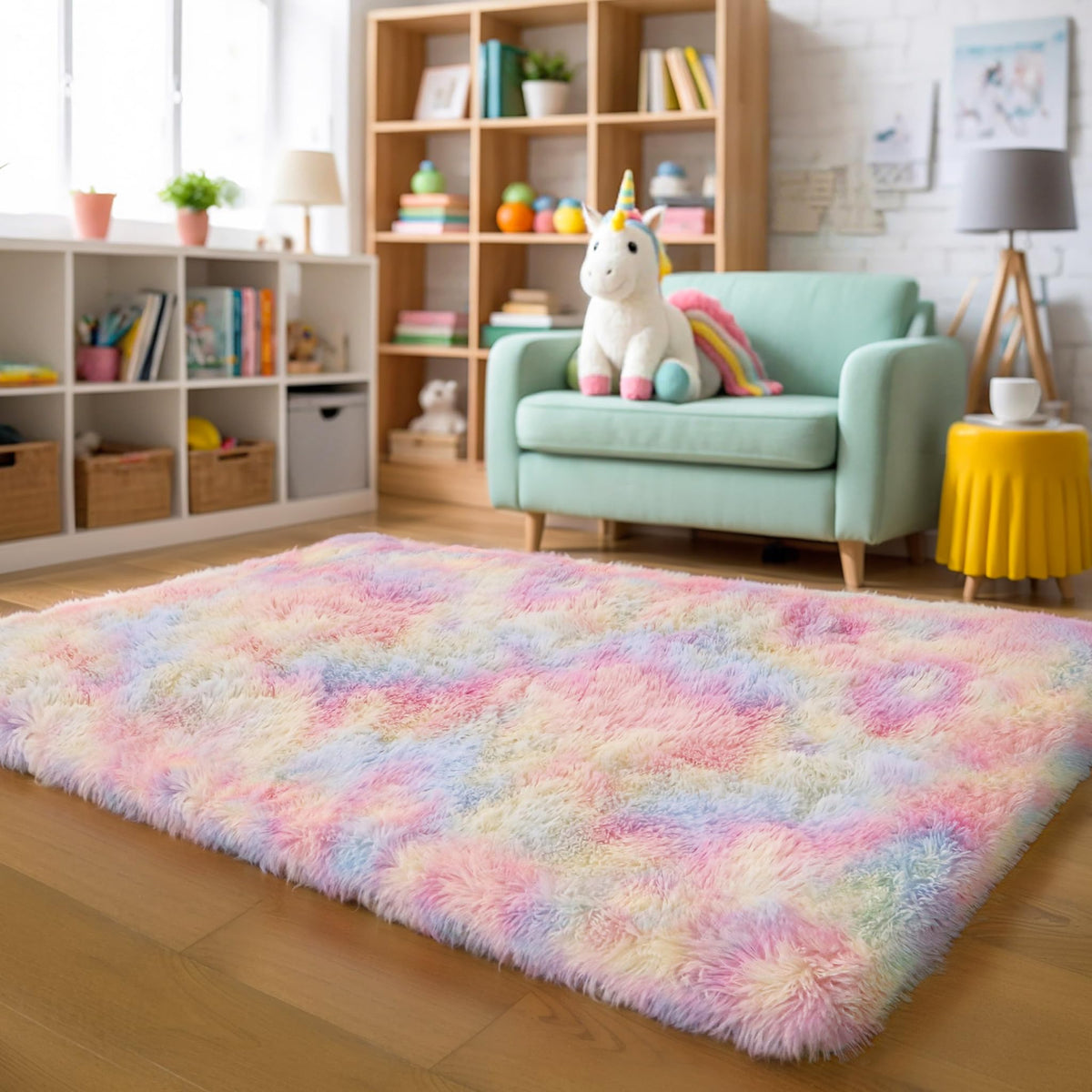 KICHOWUA 4x6 Fluffy Fuzzy Kids Shag Rainbow Rug for Girls Bedroom Playroom