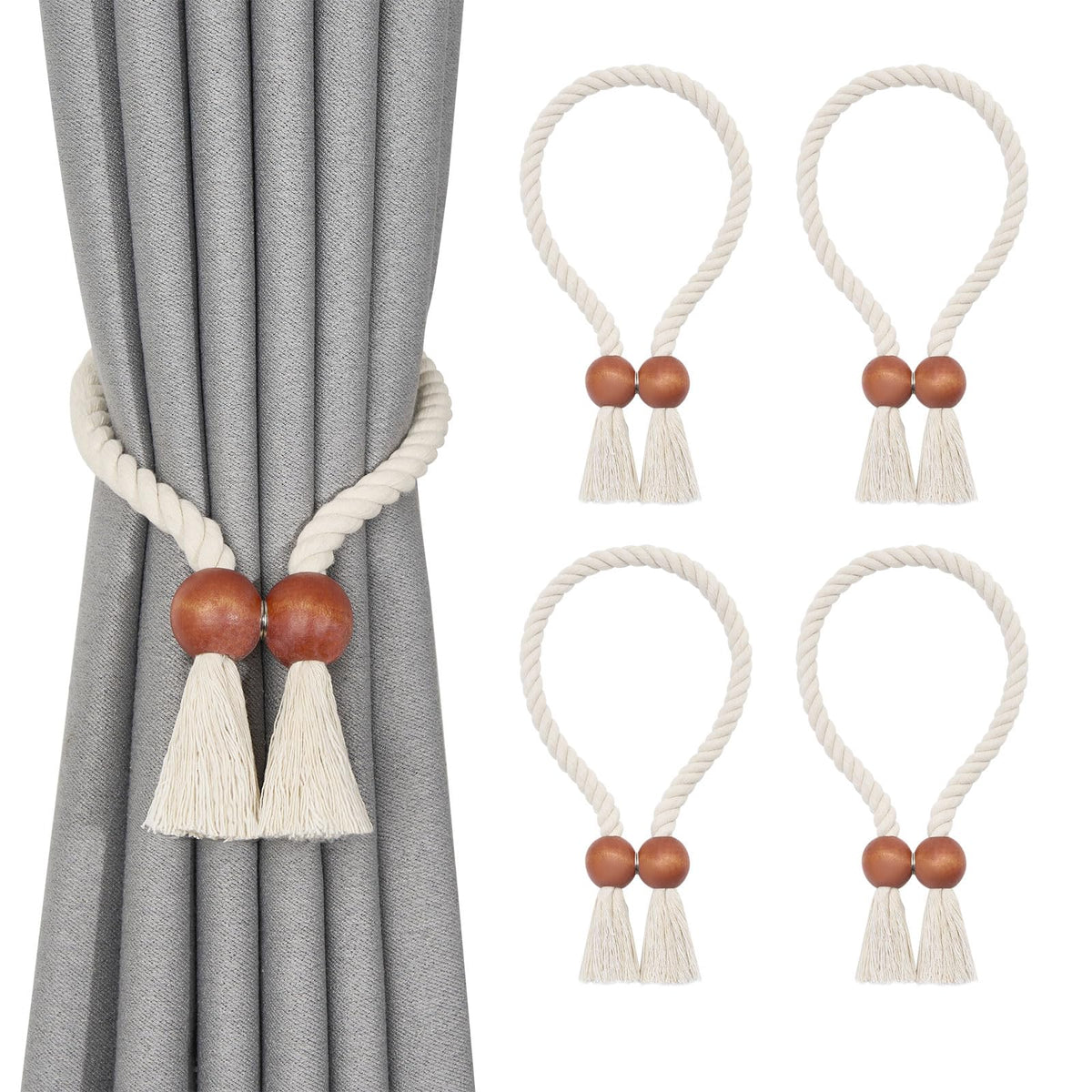 NICEEC 2 Pack Wooden Ball Magnetic Curtain Tiebacks Boho Home Decor Drape Tie Backs Natural Cotton Hand Woven Rope Curtain Holdbacks for Thin & Thick Home & Office Window Draperies (Beige)