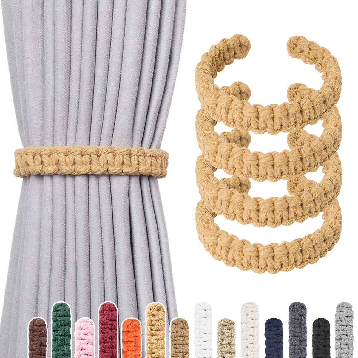 NICEEC 2 Pack Natural Cotton Rope Curtain Tiebacks Farmhouse Rustic Style Decorative Drape Tie Backs Handmade Braided Curtain Holdbacks for Home & Office Sheer/Light Weight Drapery (C-White-S)